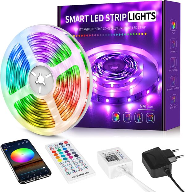 Beaeet LED Strip 5 m, LED Strip 5 m Self-Adhesive LED Strip Light Chain Colour Changing LED 5 m with Remote Control and App, LED Lights Lighting LEDs for Room Kitchen Party